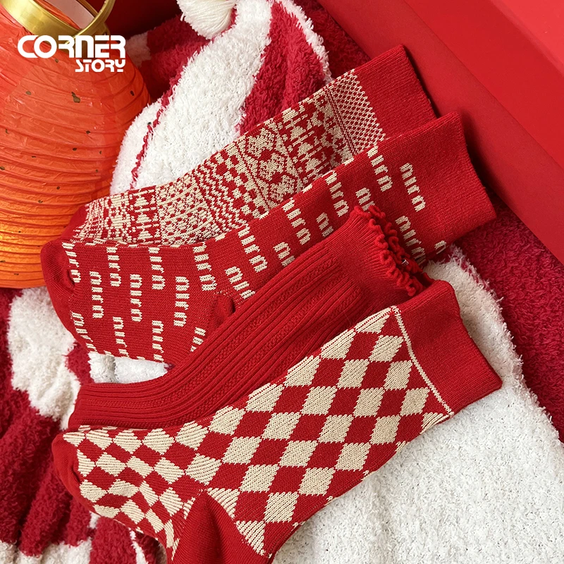 大红袜子女双针双路中筒棉袜新年鸿运袜结婚本命年中国风红色长袜