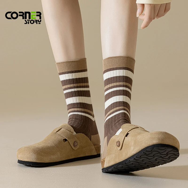 女袜秋冬美拉德风堆堆袜文艺条纹学院风精梳棉抗起球中筒袜子女