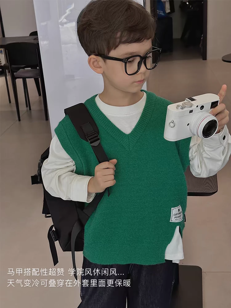 童装男童学院风v领针织马甲春秋季儿童时尚潮外搭无袖针织上衣