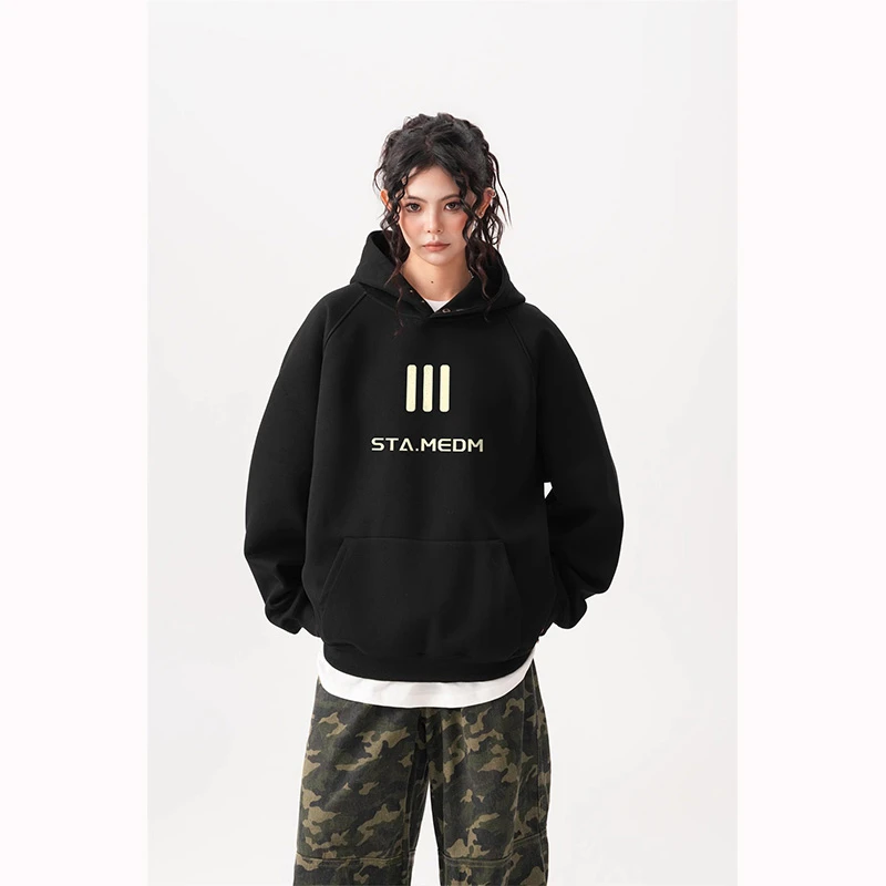 STA.MEDM联名美式潮牌2024新款秋冬加绒加厚连帽套头卫衣男女外套