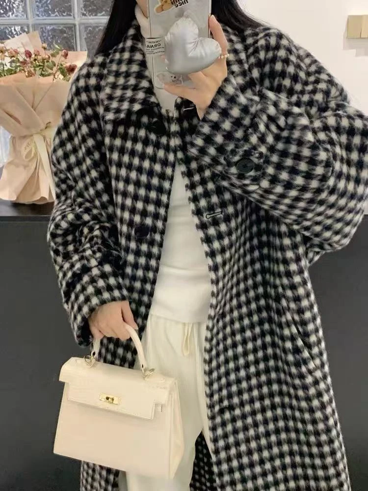 【NANA】秋冬款设计师格子长款大衣双面呢气质百搭女士L368