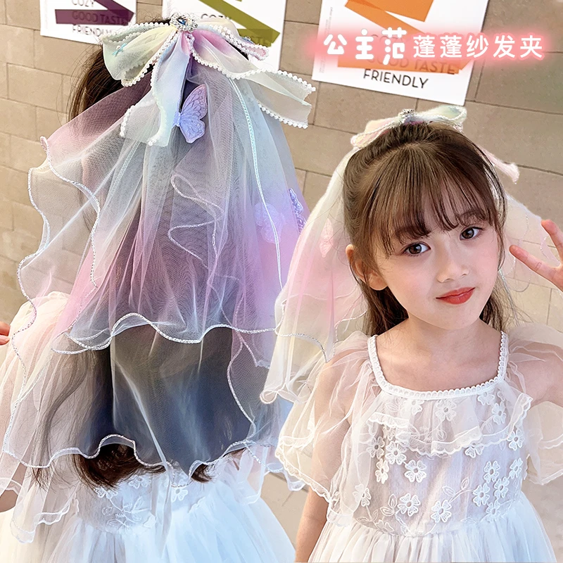 儿童头纱发夹爱莎公主蝴蝶结顶夹头饰小女孩生日发卡宝宝花童发饰