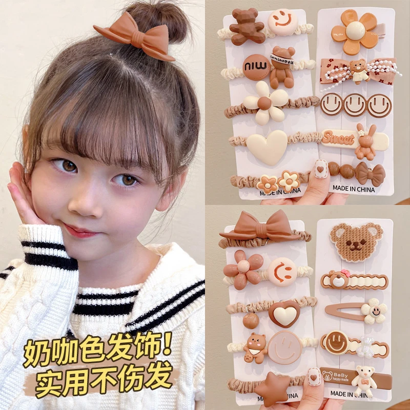 儿童奶咖色发夹女童发圈小女孩刘海碎发卡子可爱宝宝小熊皮筋发饰