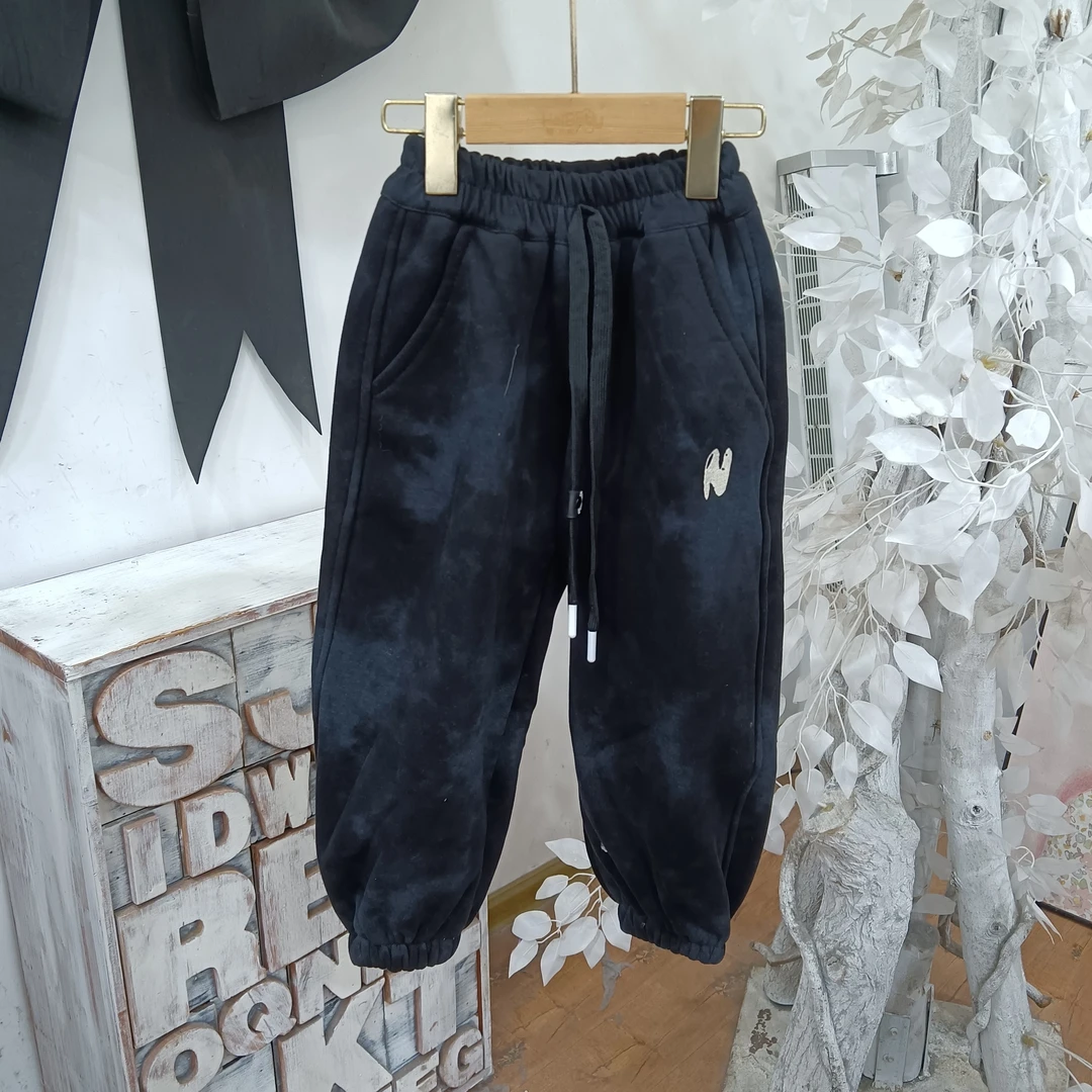 S80黑灰扎染一体绒裤子童装