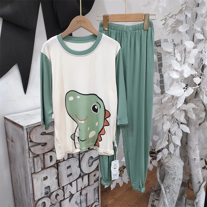 T014绿色恐龙家居服套装童装