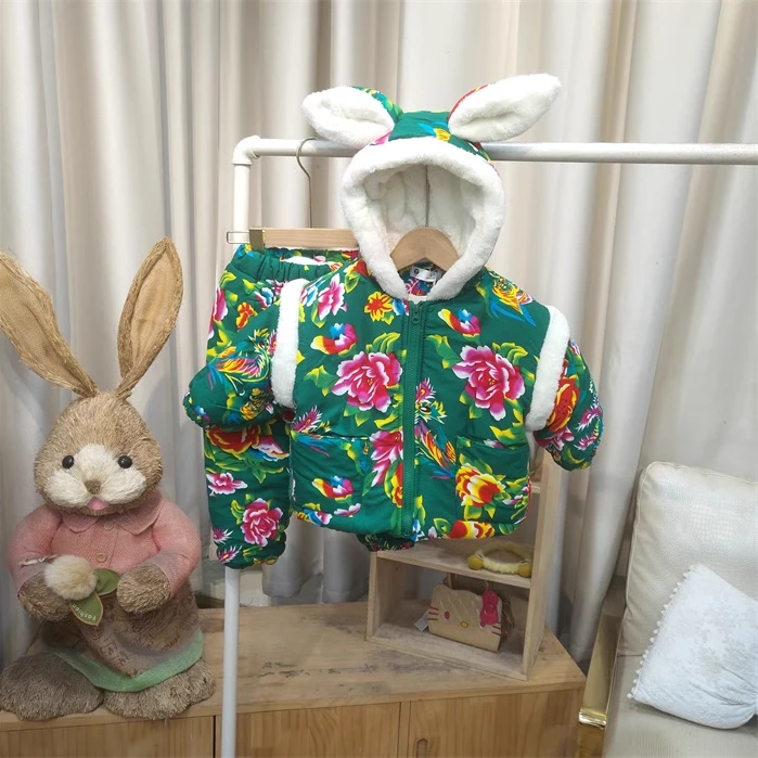 E705绿色大花袄居家服童装/微染色