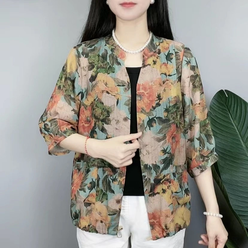2025中老年夏季薄款时尚百搭开衫外套宽松印花显瘦短款透气妈妈装