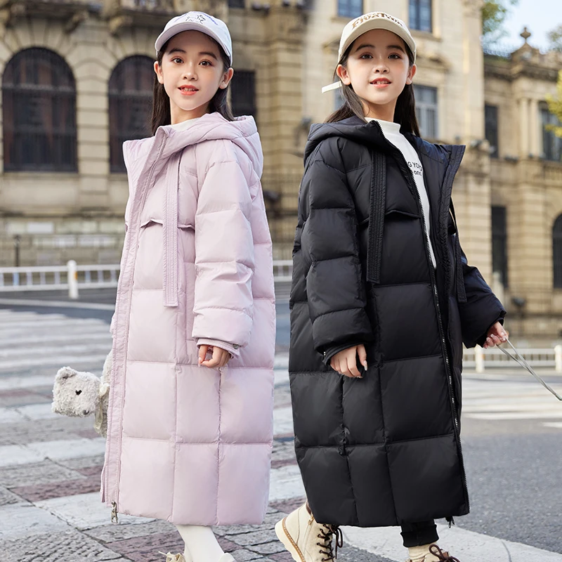 女童羽绒服2025新款中大童休闲中长款过膝洋气羽白鸭绒冬装外套