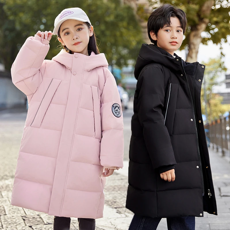 女童羽绒服2025新款中大童洋气中长款过膝男童加厚白鸭绒冬装外套