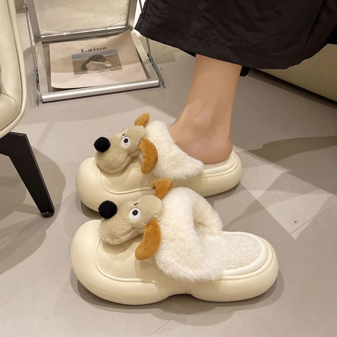 卡通小狗棉拖鞋踩屎感可拆卸室内室外包头拖秋冬防滑毛毛拖厚底