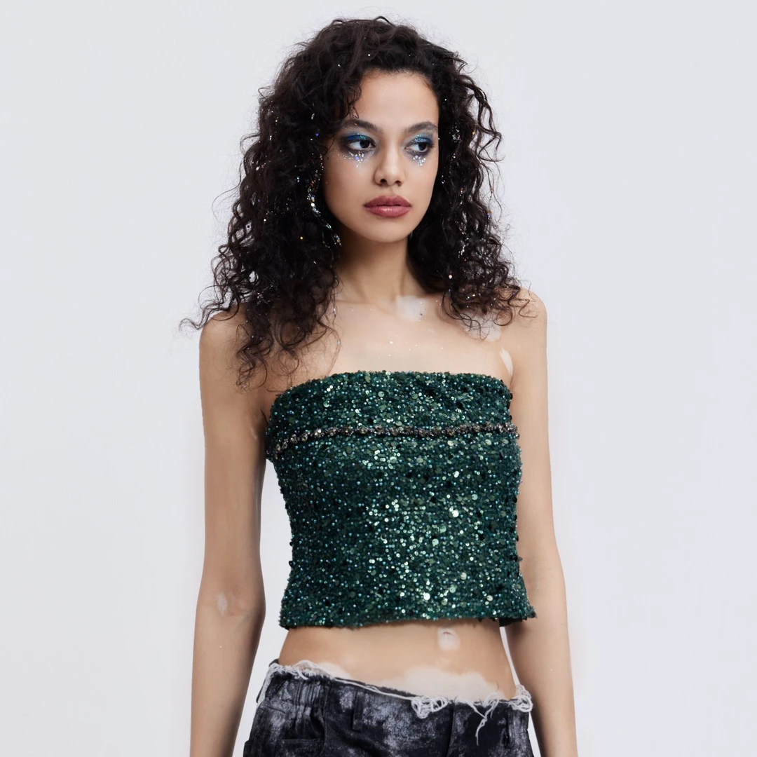 REJJ原创墨绿亮片抹胸背心性感设计气质时尚修身甜美个性小众同款