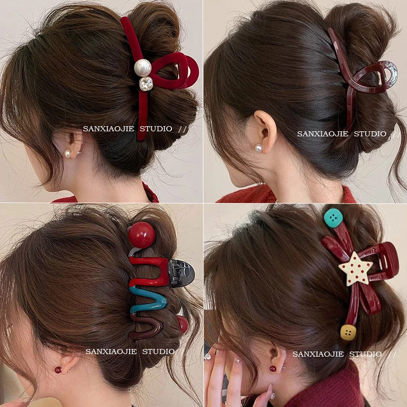 秋冬头饰安可拉红色蝴蝶结抓夹女2025新款高级感发夹后脑勺鲨鱼夹