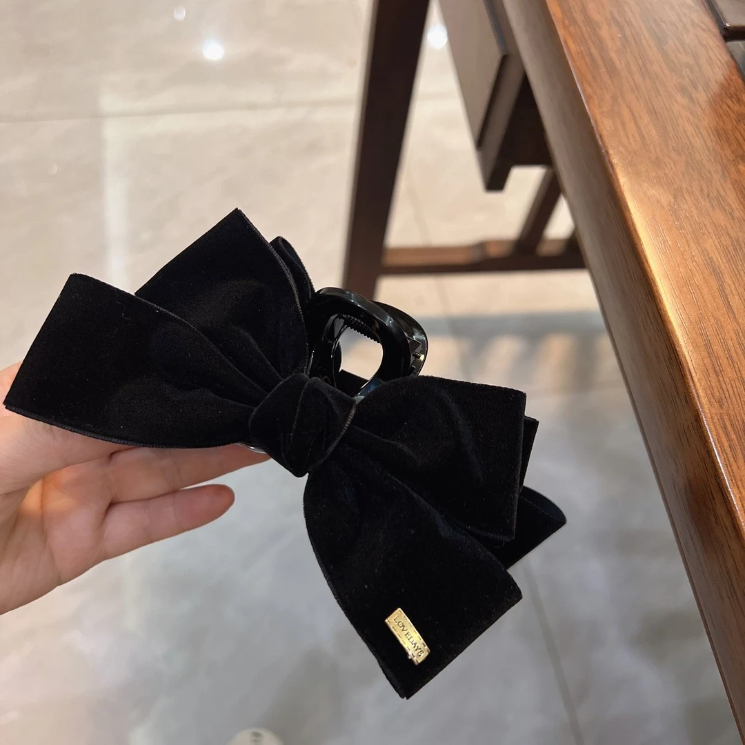 韩国复古丝绒黑色蝴蝶结大号抓夹气质新款头饰女鲨鱼夹后脑勺抓夹