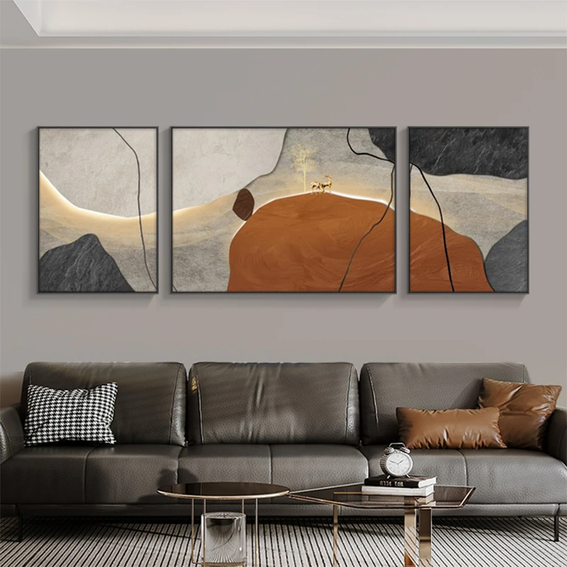 石来运转三联画装饰画客厅沙发背景墙挂画高级感现代简约轻奢抽象