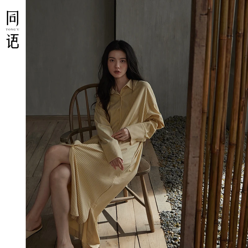 同语2023年新款睡裙女春秋季柔软棉条纹女士睡衣时尚可外穿家居服