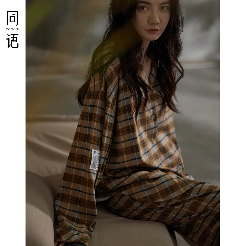 同语睡衣女春秋季柔软纯棉长袖套装时尚格子可外穿女士秋天家居服