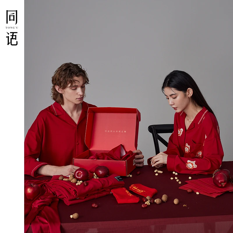 同语2022年新款红色情侣睡衣一男一女纯棉长袖结婚家居服新婚套装