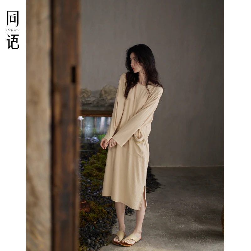 同语新款睡裙女春秋季柔软棉中长裙女士睡衣简约休闲可外穿家居服