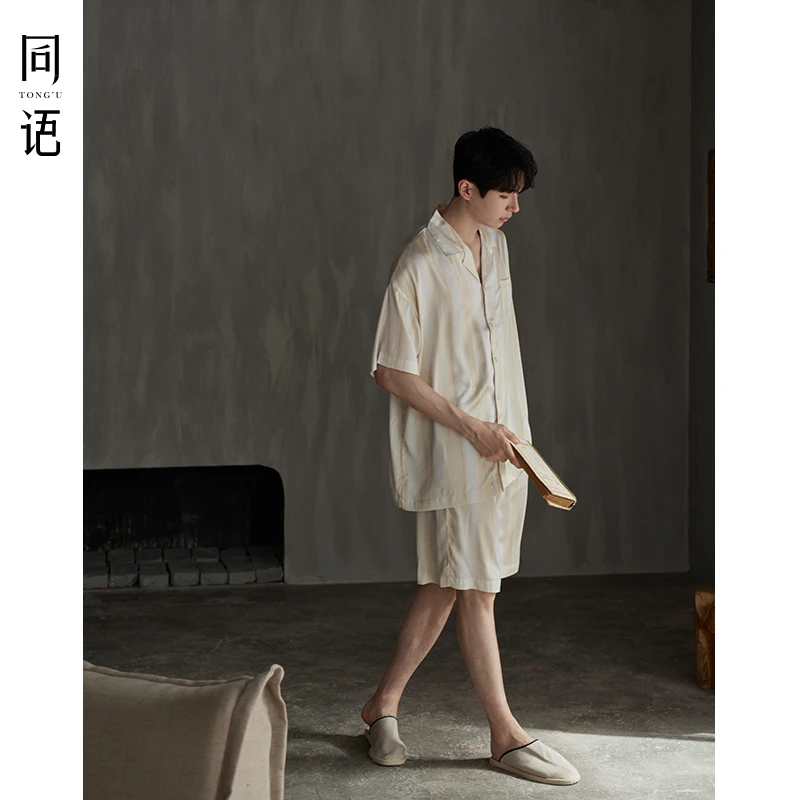 同语男士睡衣夏季冰丝短袖凉感家居服薄款套装宽松条纹夏天可外穿
