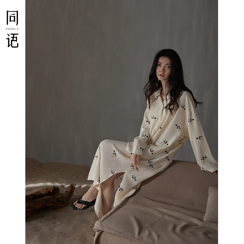 同语新款睡裙女春秋季梭织纯棉纱布长袖睡衣女士可爱可外穿家居服