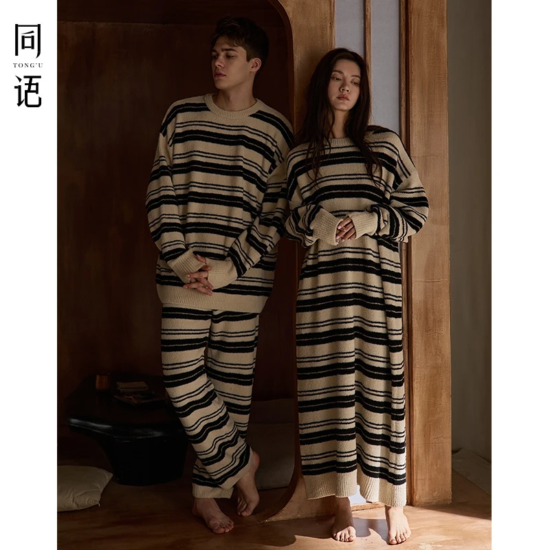 同语2024年秋冬季情侣睡衣半边绒睡裙女士条纹可外穿家居服套装男