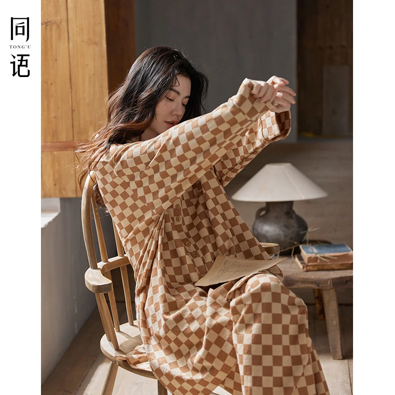 同语睡衣女春秋季款柔软棉长袖家居服女士棋盘格宽松可外穿家居服