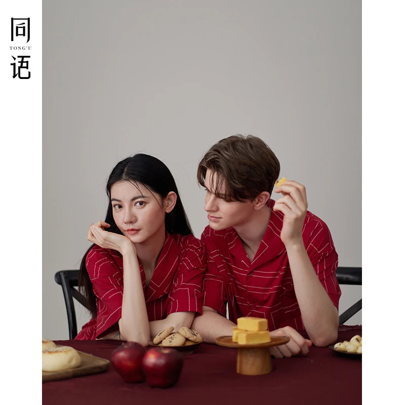 同语新款情侣睡衣夏季凉感纯棉套装结婚红色喜庆新婚男女士家居服