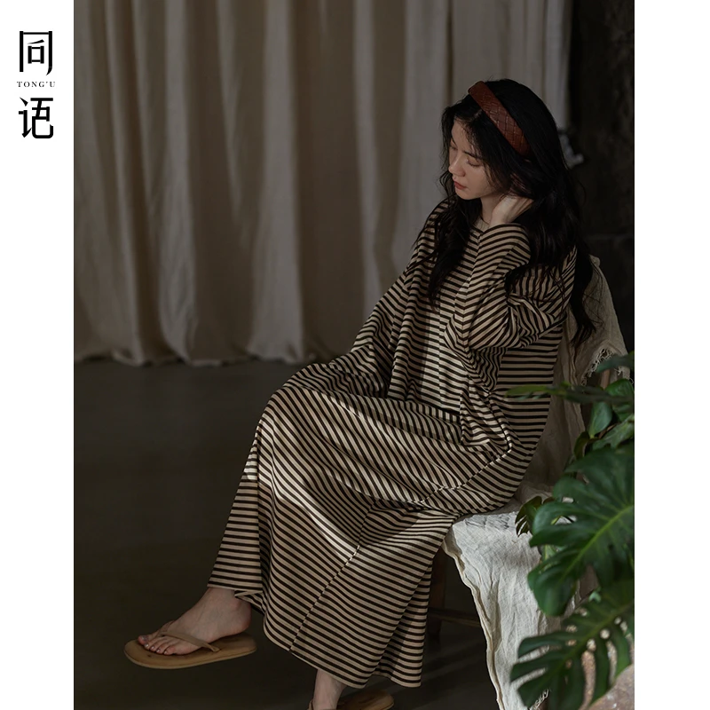 同语2024年新款睡裙女春秋季柔软棉家居服时尚条纹可外穿睡衣女士