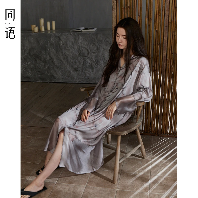同语睡裙女士春秋季冰丝长袖新中式国风可外穿睡衣秋天新款家居服