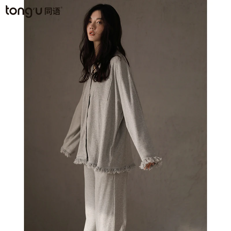 同语睡衣女春秋款长袖针织棉薄简约套装女士宽松翻领可外穿家居服