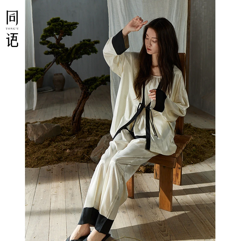 同语新款睡衣女春秋季冰丝吊带三件套装可外穿宽松长袖系绳家居服