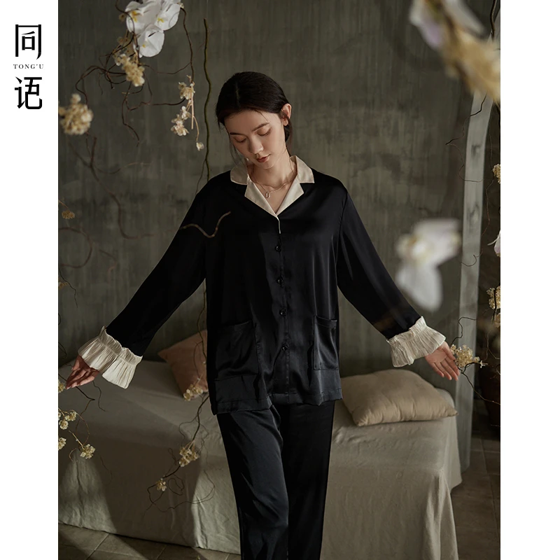 同语睡衣女春秋季冰丝黑色新款套装时尚可外穿女士宽松家居服春夏