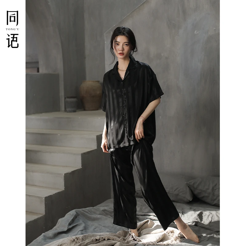 同语情侣睡衣春夏季简约休闲薄款短袖条纹套装家居服男女空调房夏