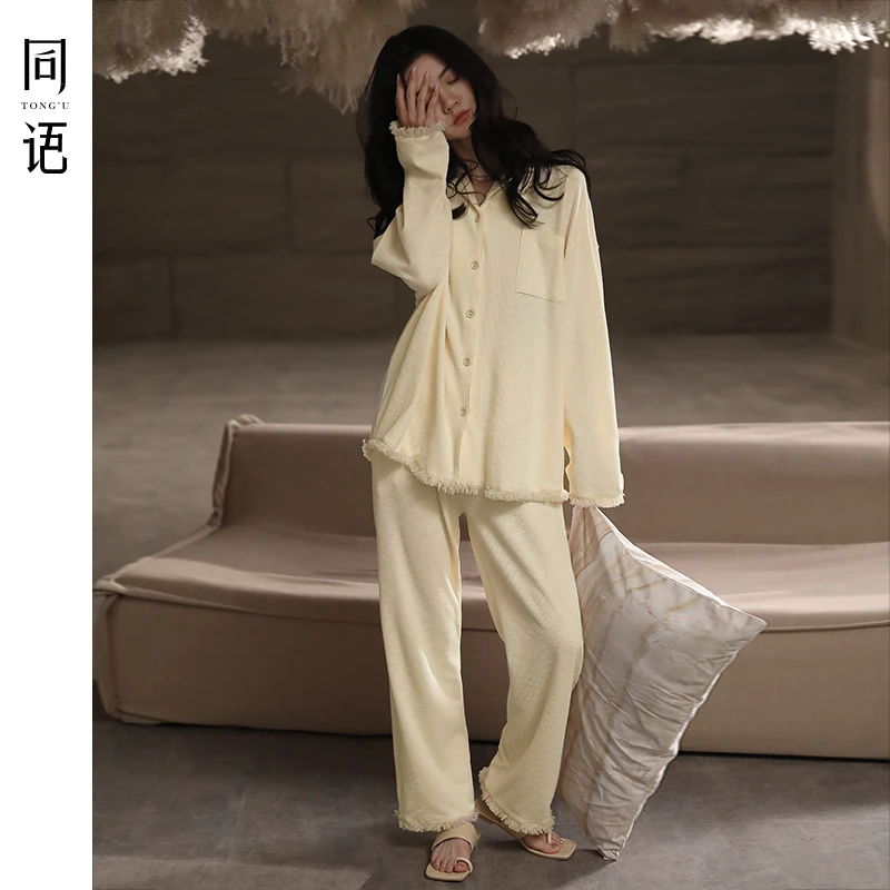 同语新款睡衣春秋女长袖套装柔软针织棉简约时尚宽松可外穿家居服