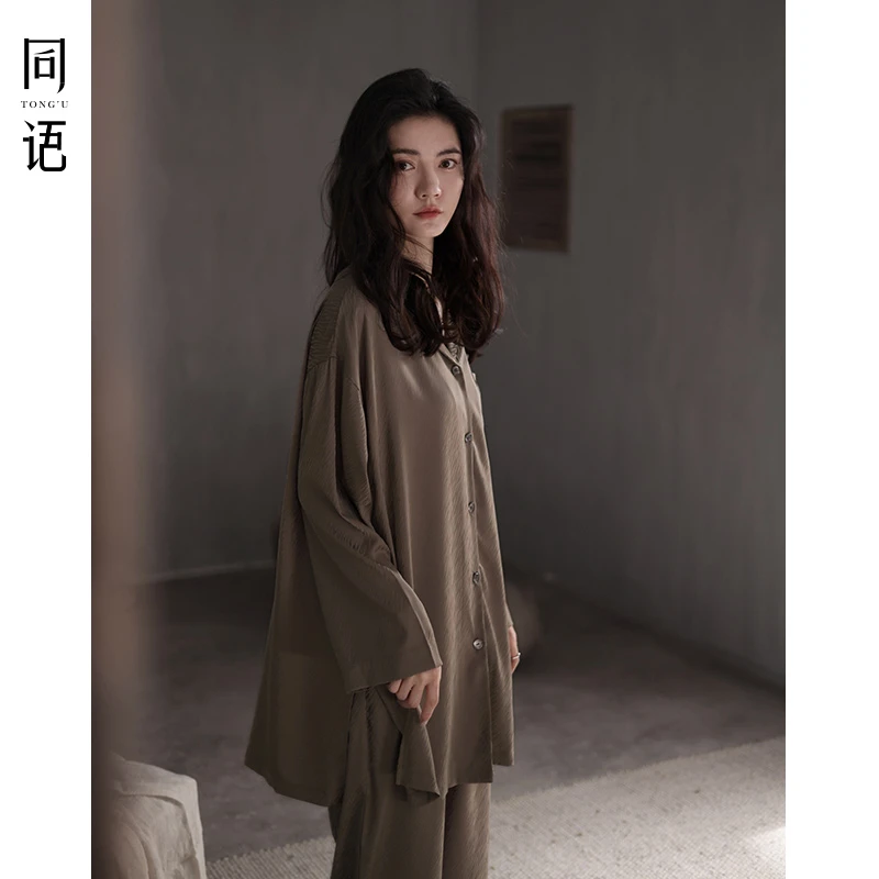 同语睡衣女春秋冰雪丝长袖开衫薄款套装简约可外穿秋冬女士家居服