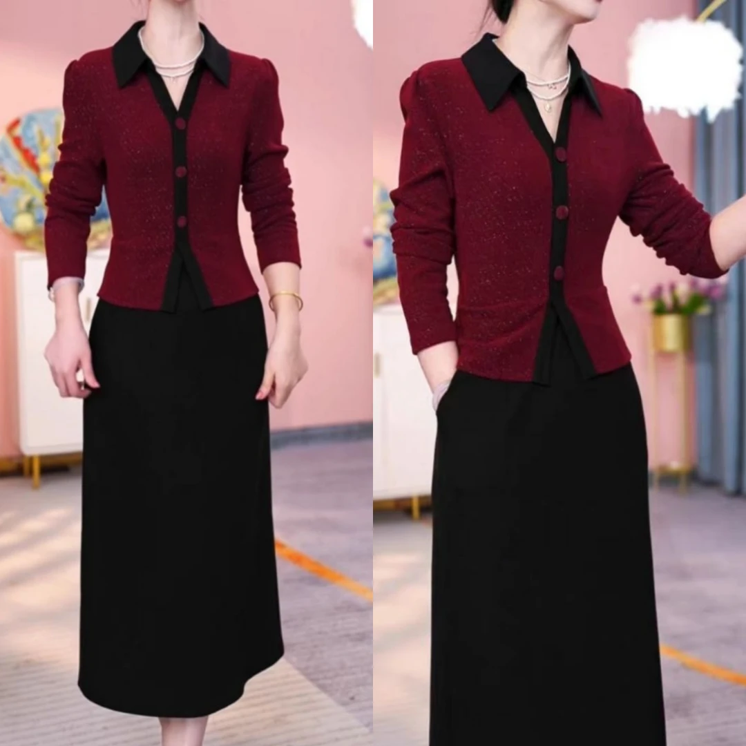 9010#春秋季新款洋气减龄显瘦假两件裙子时尚气质休闲长袖连衣裙