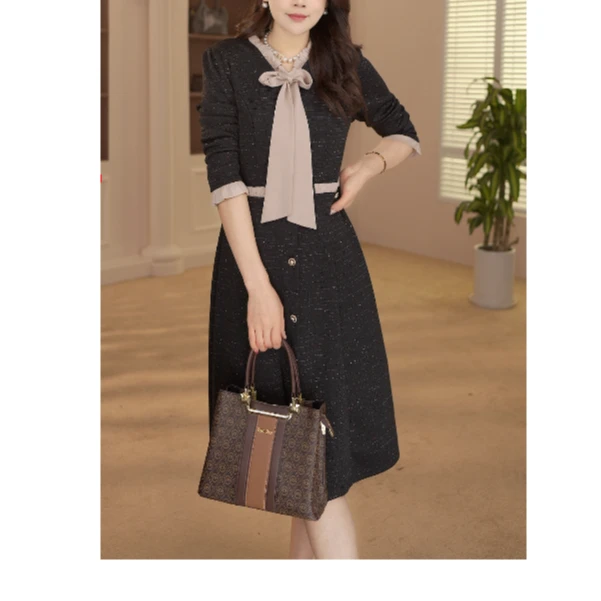 1096#春秋款小香风连衣裙女长袖时尚气质显瘦假两件裙子