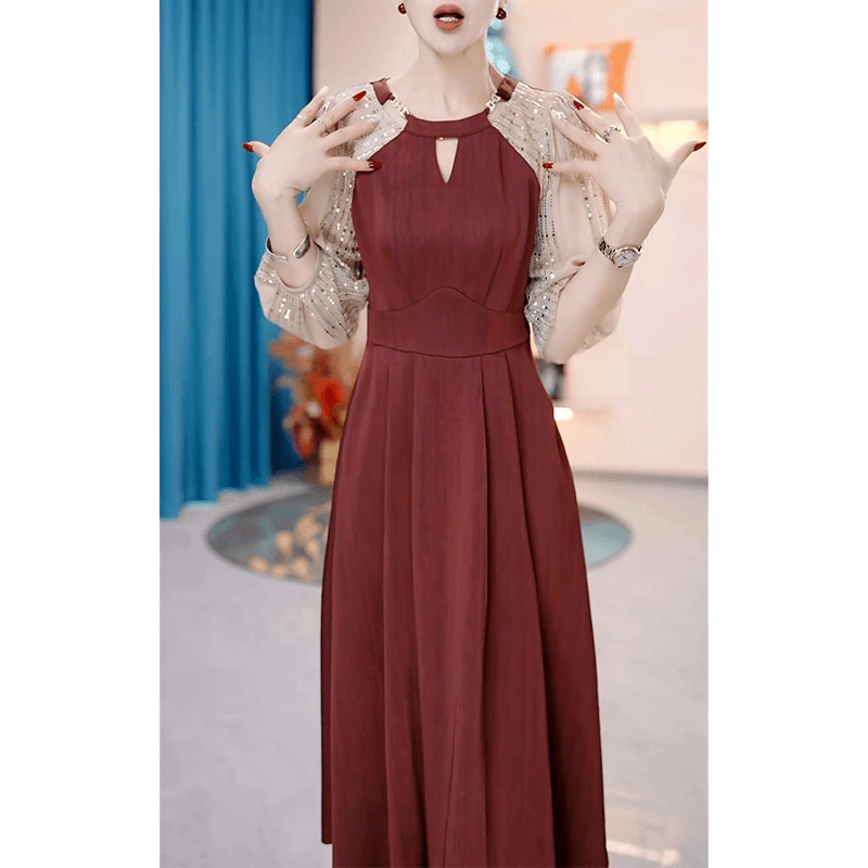 时尚洋气连衣裙女2024秋季修身显瘦遮肚中长款拼接a字裙子