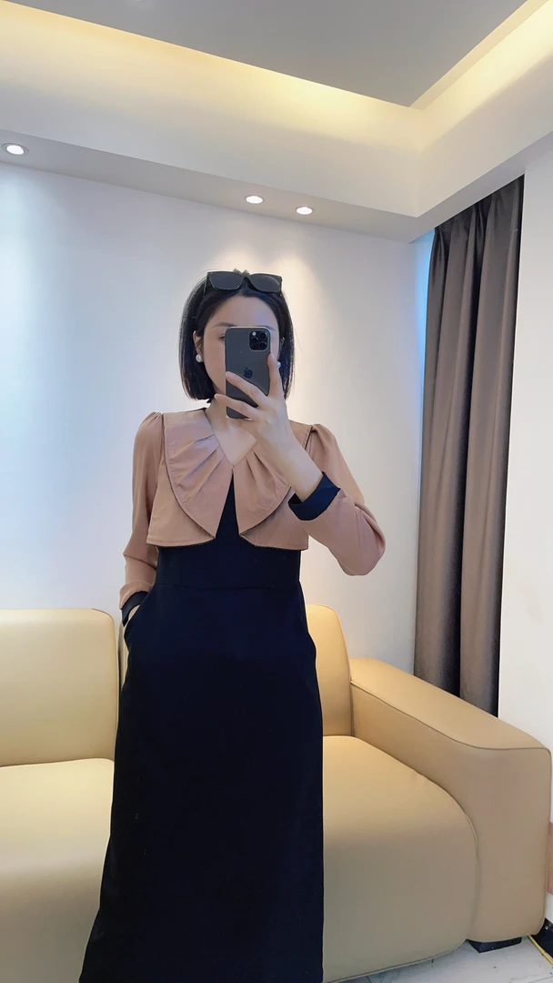 A052#秋冬新款长袖拼接连衣裙收腰显瘦遮肉气质减龄中长款百搭裙