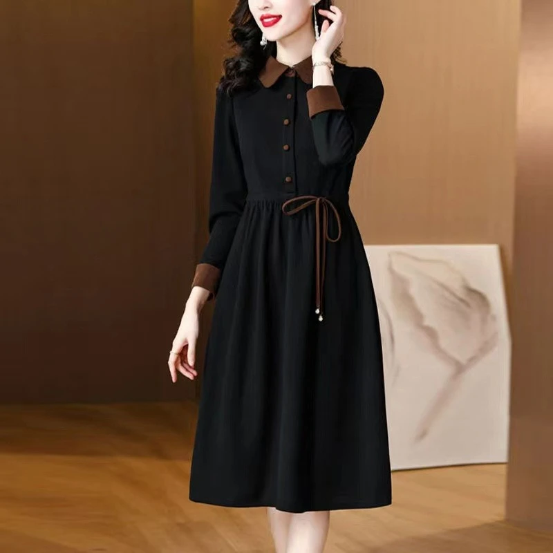 新款POLO领连衣裙女秋季洋气显瘦系带收腰中长款裙子