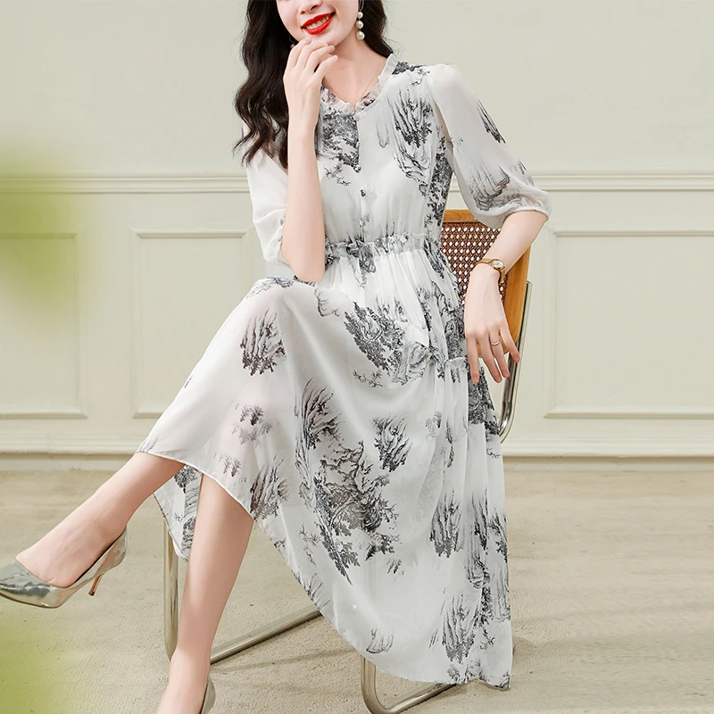 266#夏季轻奢国风中长裙水墨画宽松连衣裙女气质减龄遮肉显瘦裙子