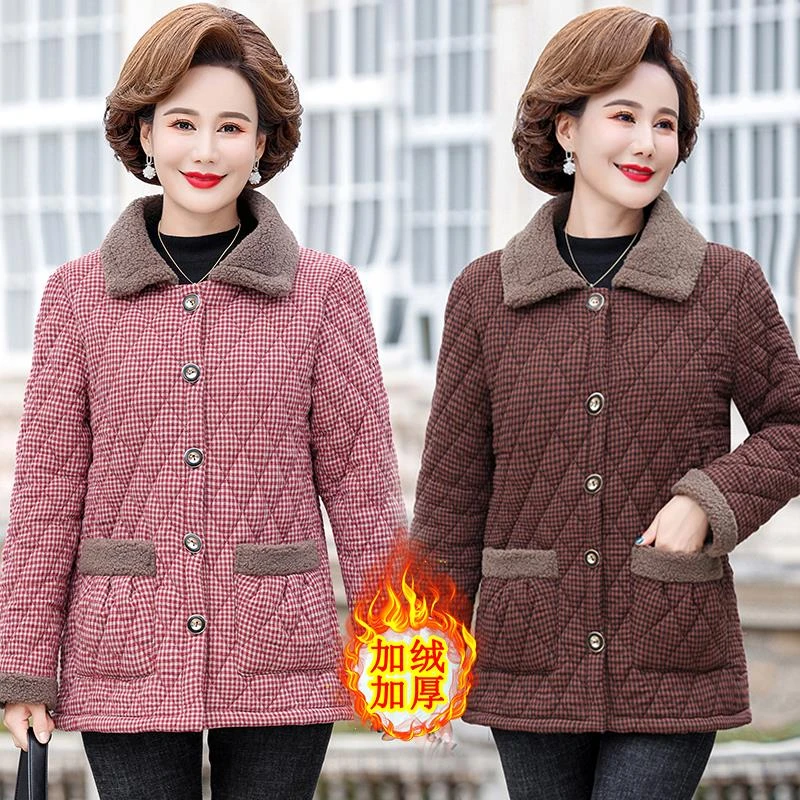 妈妈秋冬装新款短款棉衣中老年女士加厚加绒保暖棉服翻领棉袄外套