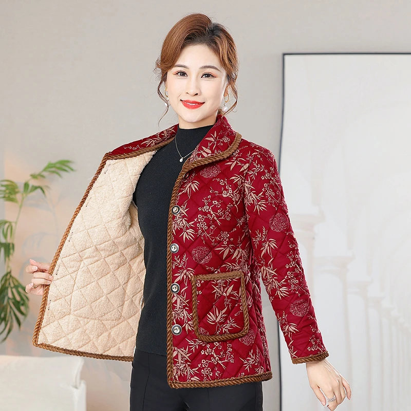 妈妈冬季加绒加厚棉衣外套女抗寒保暖中老年人花色新款奶奶冬装