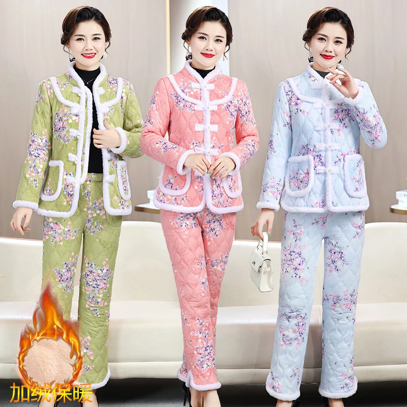 秋季大花棉袄套装新款中式加绒棉裤两件套装唐装民族风妈妈花棉衣