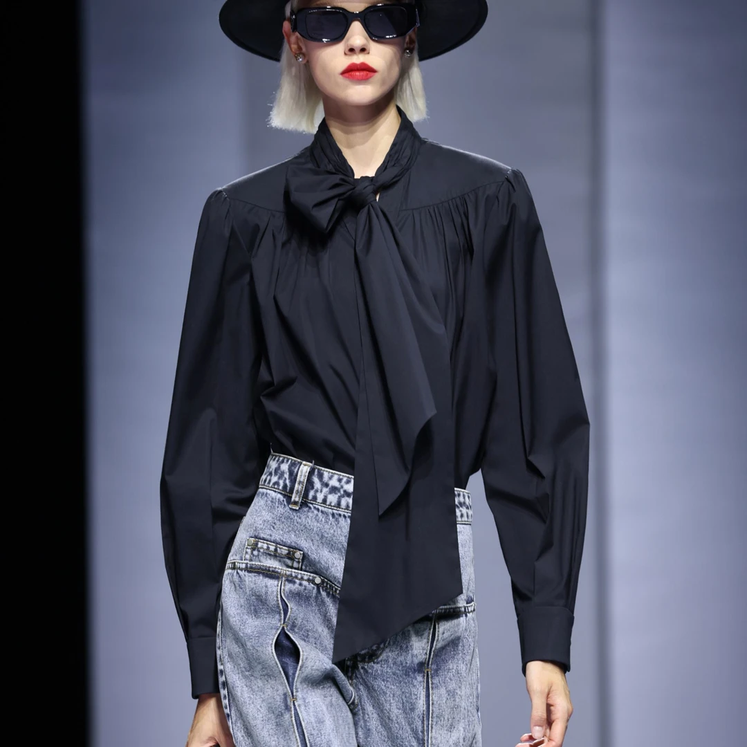 NancyCavally 重磅系列 意大利进口料蝴蝶结设计领百搭压褶衬衫女