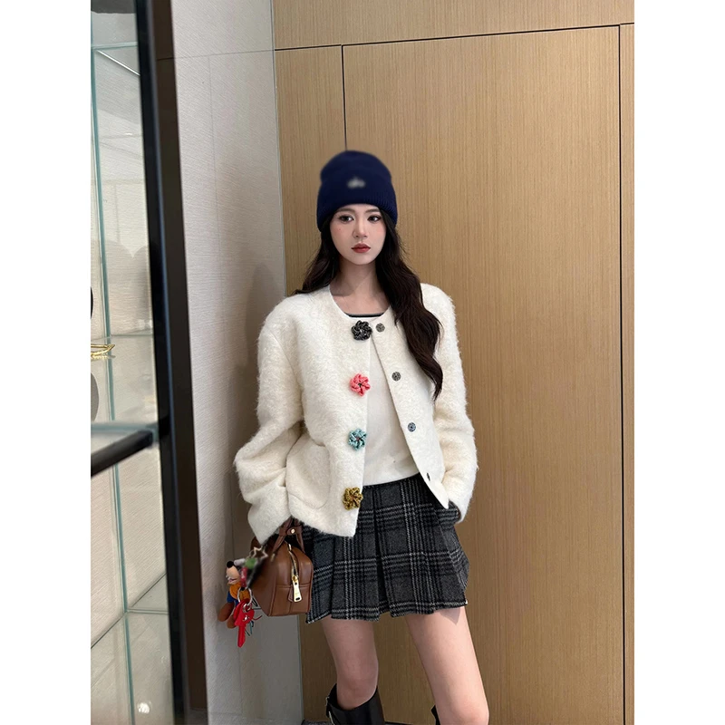 NancyCavally专柜款蓬松细腻羊驼毛 五彩针织花点缀廓形毛呢外套