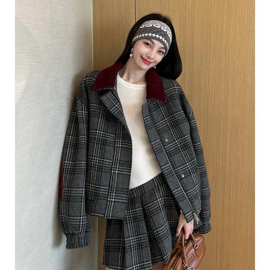 NancyCavally 专柜款高品质羊毛粗呢 撞色羊皮领格纹毛呢西装套装