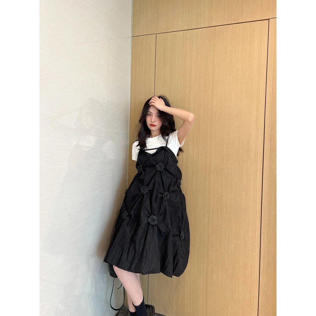 NancyCavally海面月光 角度压线定位抽褶手工编织玫瑰花苞连衣裙