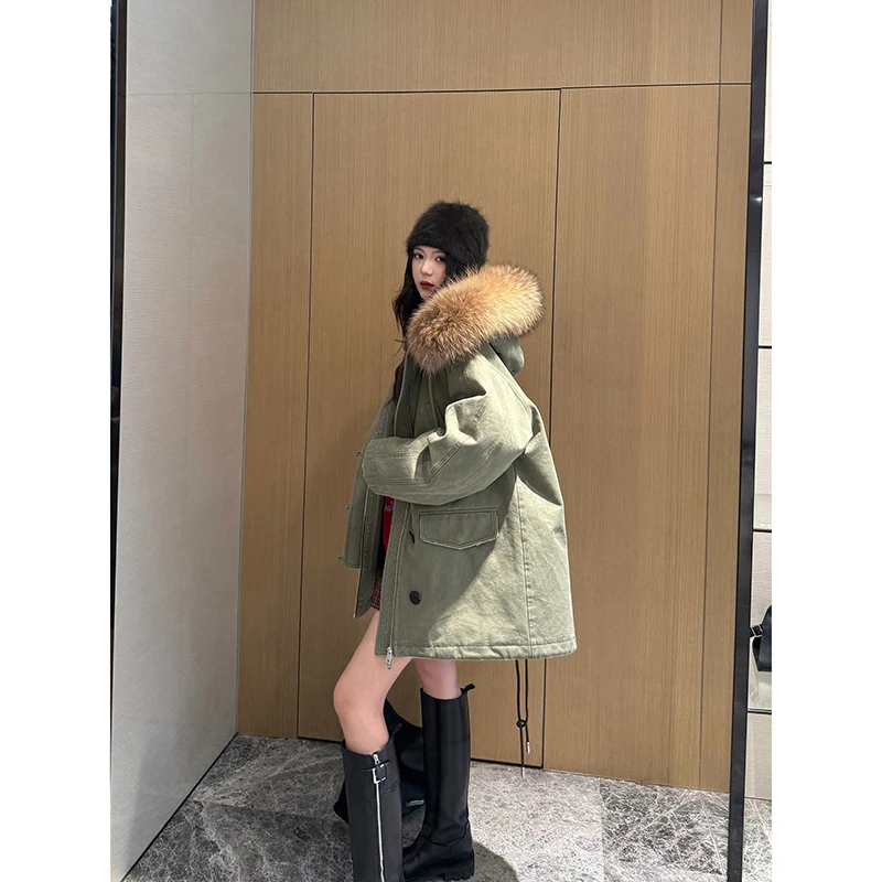 NancyCavally专柜款蓄热保暖95白鹅绒 时尚大毛领牛仔派克羽绒服