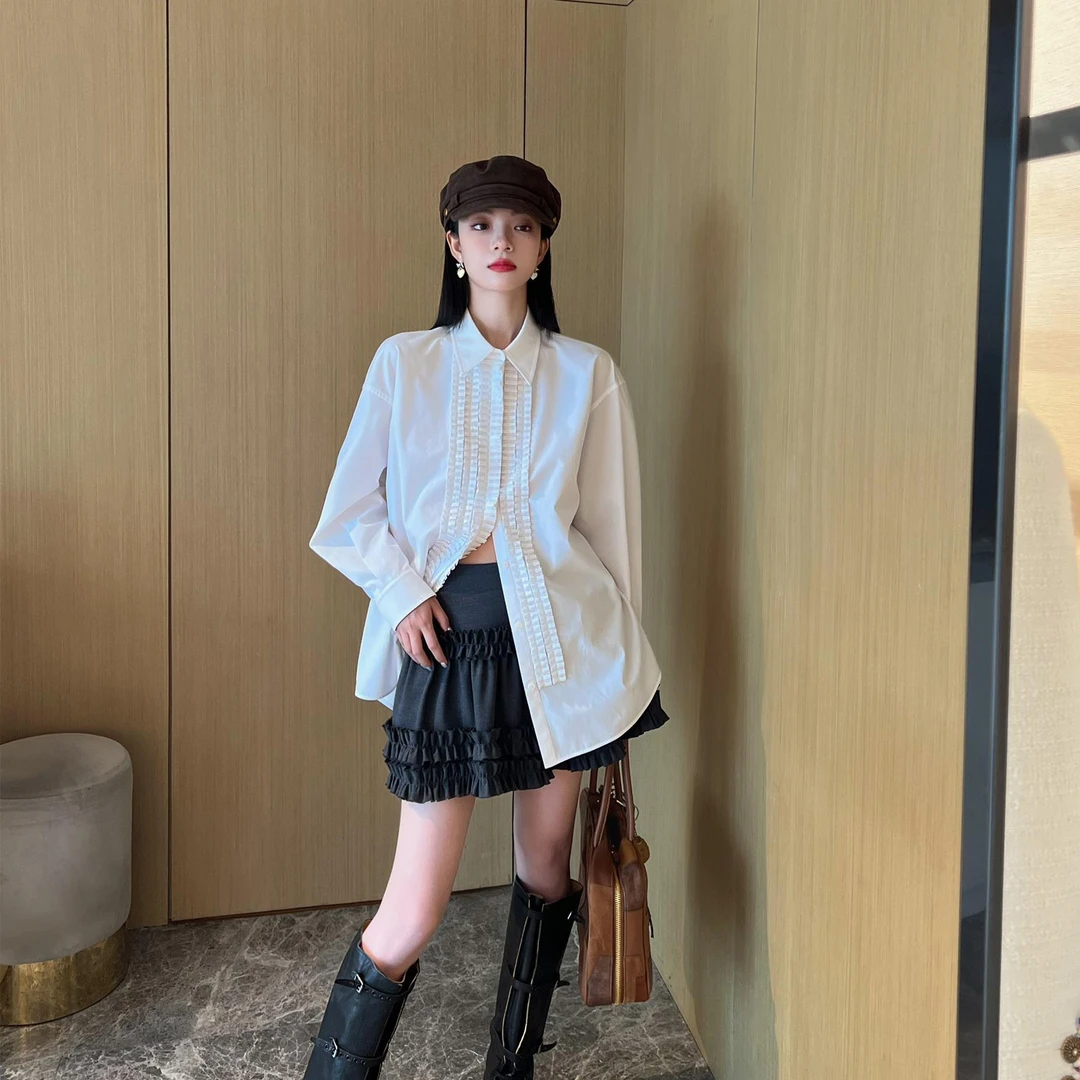 NancyCavally专柜款高端柔软优质棉 法式慵懒感塔克褶廓形衬衫